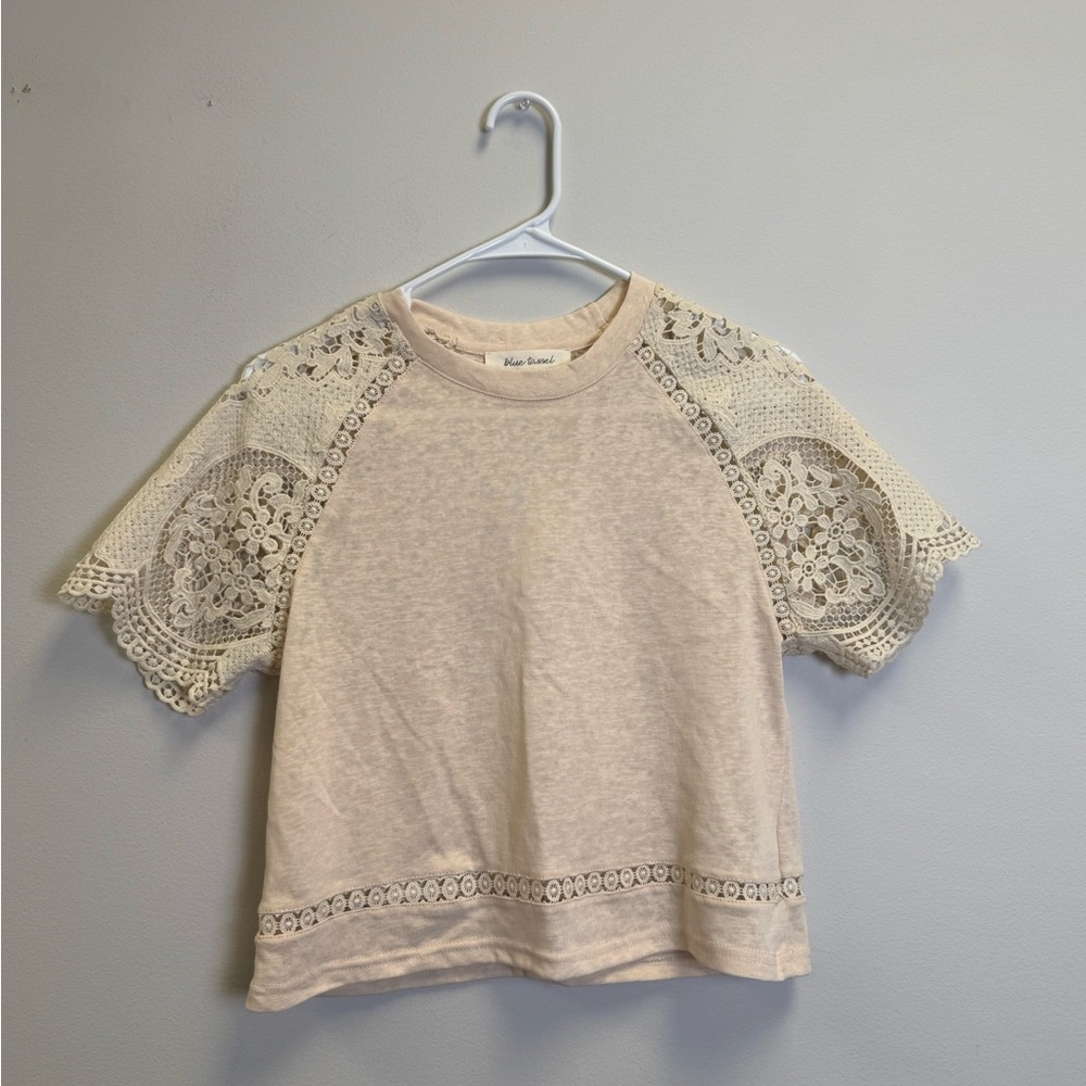 Blue Tassel Elegant Cream Lace Blouse